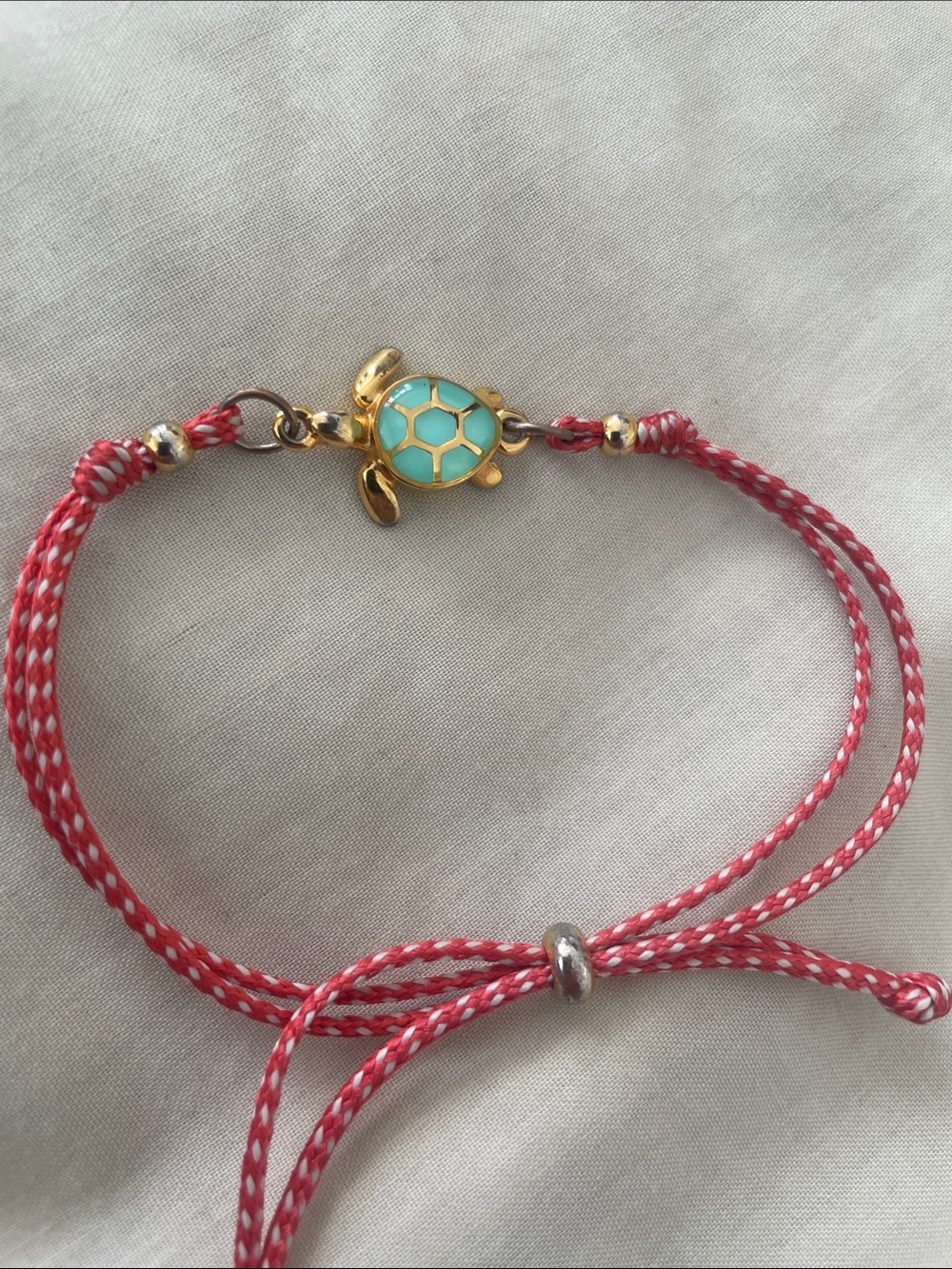 Gold Turtle Charm Red White Cord Adjustable Bracelet Turquoise Shell Enamel